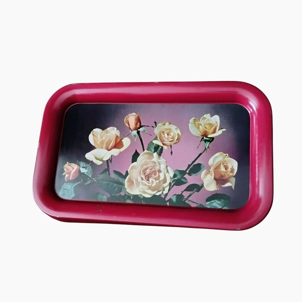 Vintage 14x9 Metal TV Serving Tray, Red Tin & Roses, Flower Lap Bed Snack Floral